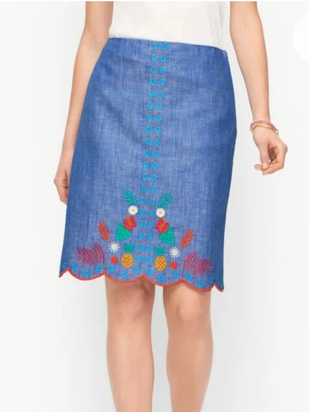 TALBOTS linen cotton embroidery skirt in chambray blue (sz16)